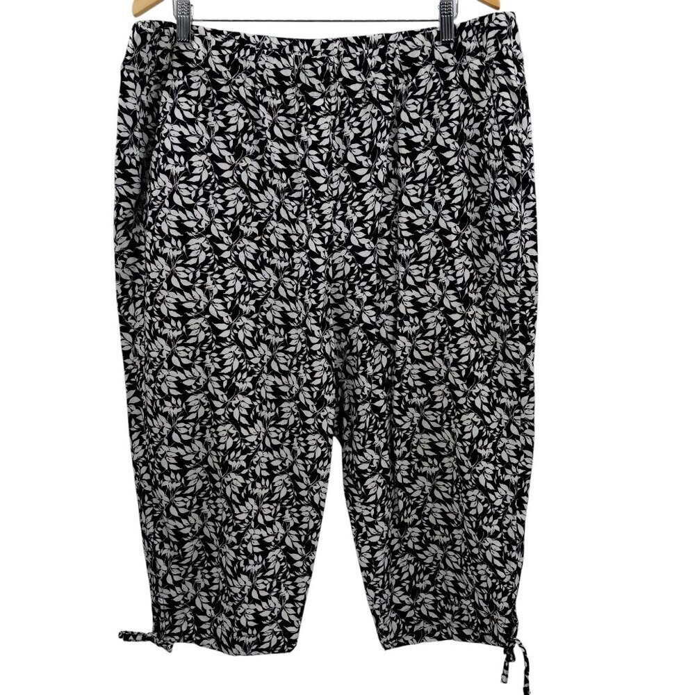Land 'n Sea Linen Blend Pull On Black Leaf Floral Capri Pants Size XL Tie Leg